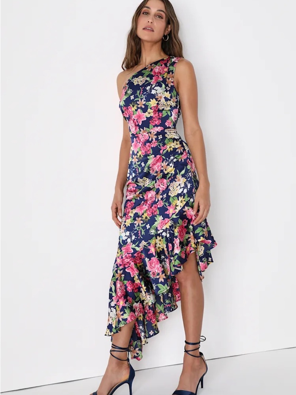 Lulu's Divinely Blooming Blue Multi Floral One-Shoulder Midi Dress NWT